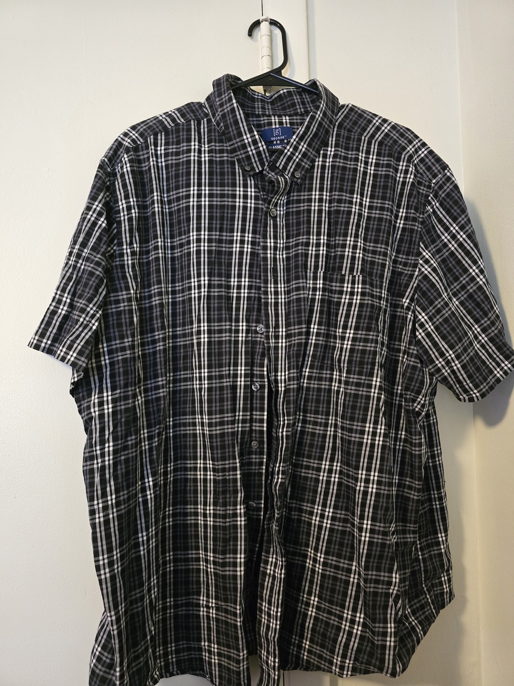 George Men’s 3XL (54-56) Short Sleeve Plaid Button Down Shirt Black & White